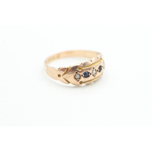 192 - 9ct gold seed pearl and sapphire five stone ring (1.4g) Size N