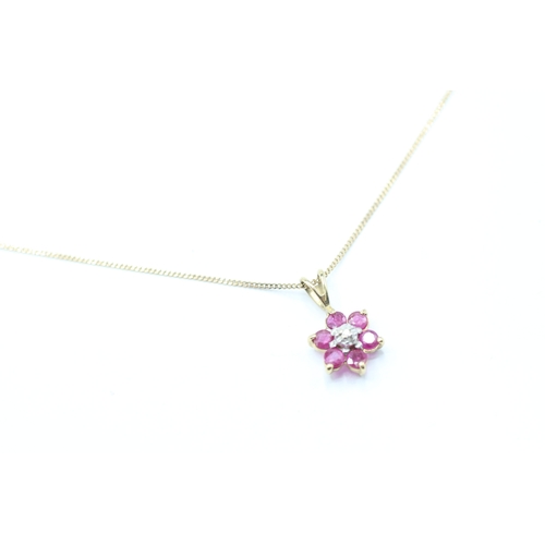 196 - 9ct gold ruby diamond cluster pendant necklace (1.3g)