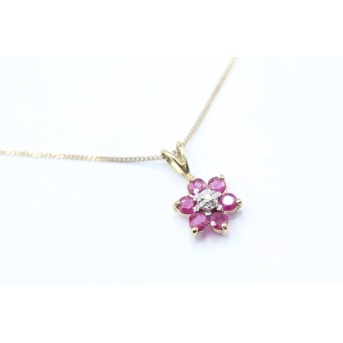 196 - 9ct gold ruby diamond cluster pendant necklace (1.3g)