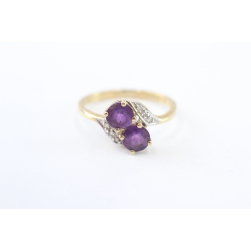 218 - 9ct gold amethyst and diamond twin stone ring (1.7g) Size M