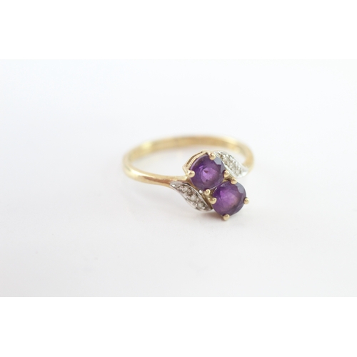 218 - 9ct gold amethyst and diamond twin stone ring (1.7g) Size M