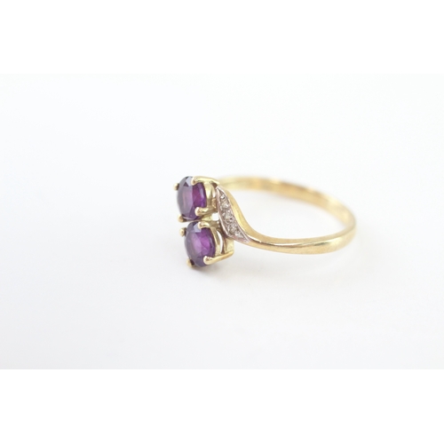 218 - 9ct gold amethyst and diamond twin stone ring (1.7g) Size M
