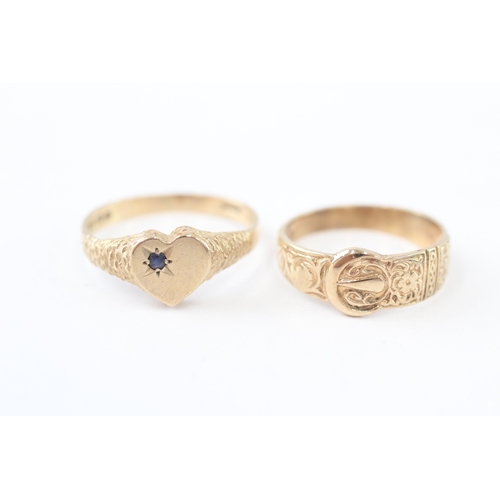 220 - 2x 9ct gold vintage sapphire signet & buckle ring (3.2g) Size I + K