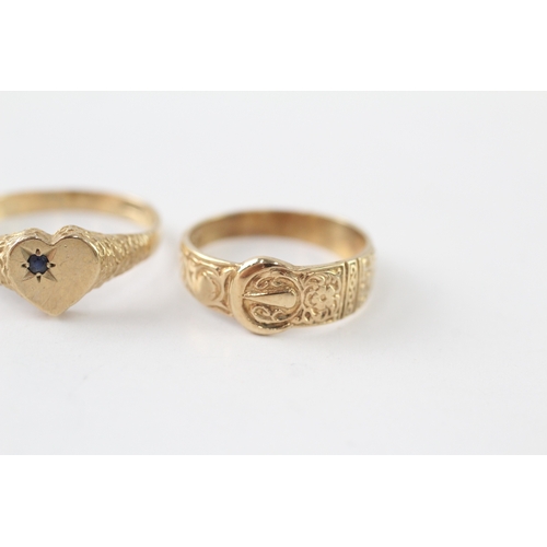 220 - 2x 9ct gold vintage sapphire signet & buckle ring (3.2g) Size I + K