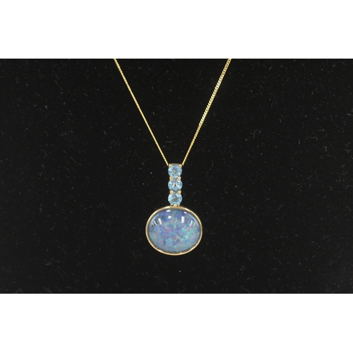 223 - 9ct gold opal triplet & blue topaz pendant necklace (3g)
