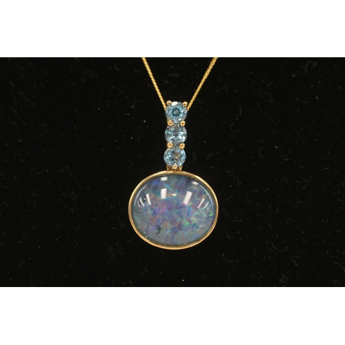 223 - 9ct gold opal triplet & blue topaz pendant necklace (3g)