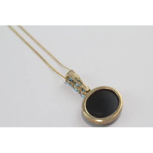 223 - 9ct gold opal triplet & blue topaz pendant necklace (3g)