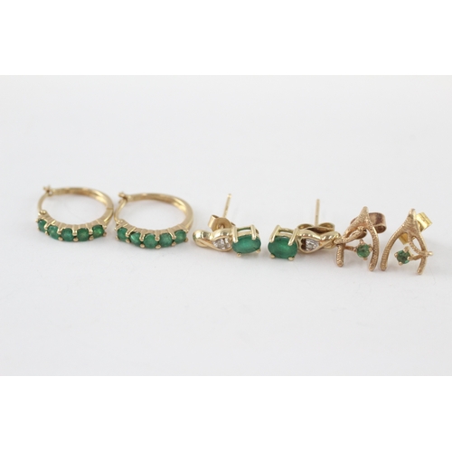 23 - 3x 9ct gold emerald & diamond earrings (4.1g)