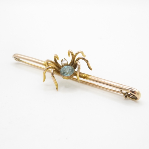 51 - 9ct gold blue gemstone spider brooch (7.5g)