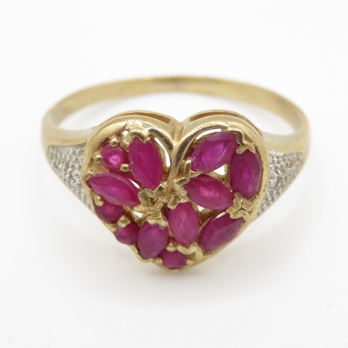 9ct gold marquise cut ruby and diamond heart shape ring (3.3g) Size T