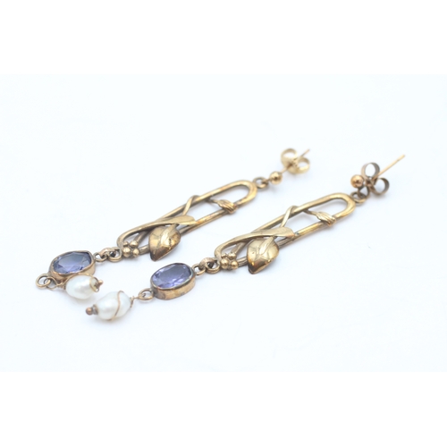 56 - 9ct gold amethyst and rice pearl drop earrings (5.1g)