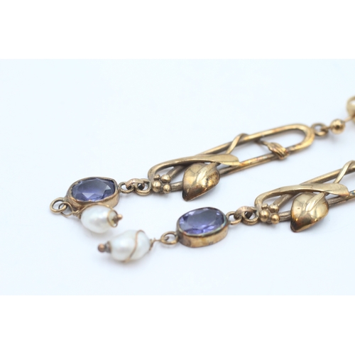 56 - 9ct gold amethyst and rice pearl drop earrings (5.1g)