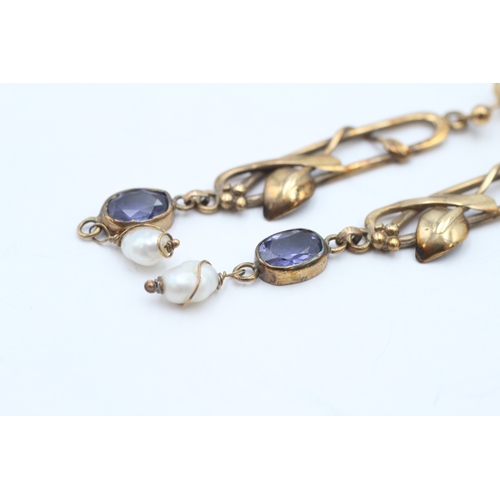 56 - 9ct gold amethyst and rice pearl drop earrings (5.1g)