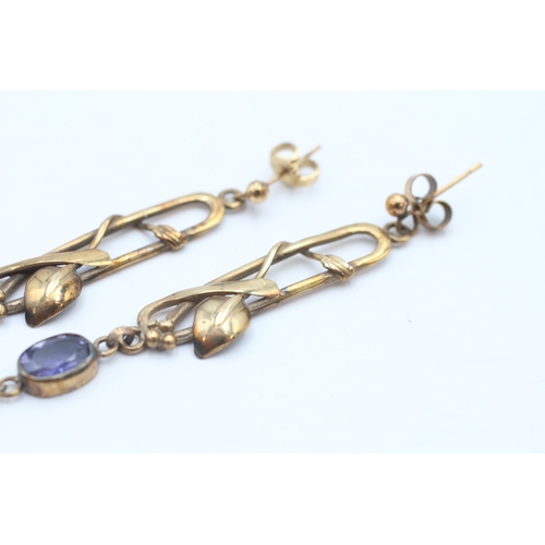 56 - 9ct gold amethyst and rice pearl drop earrings (5.1g)