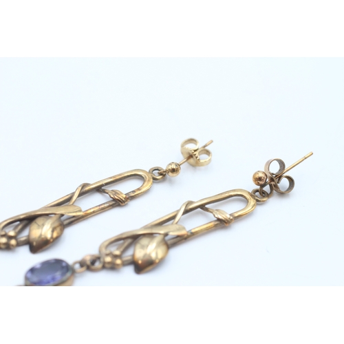 56 - 9ct gold amethyst and rice pearl drop earrings (5.1g)