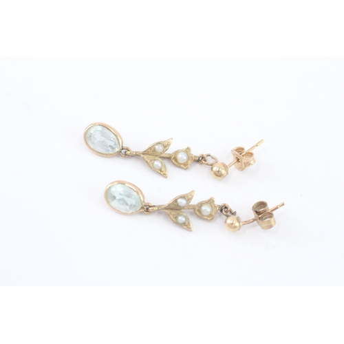 58 - 9ct gold aquamarine & seed pearl drop earrings (1.5g)