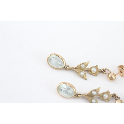 58 - 9ct gold aquamarine & seed pearl drop earrings (1.5g)