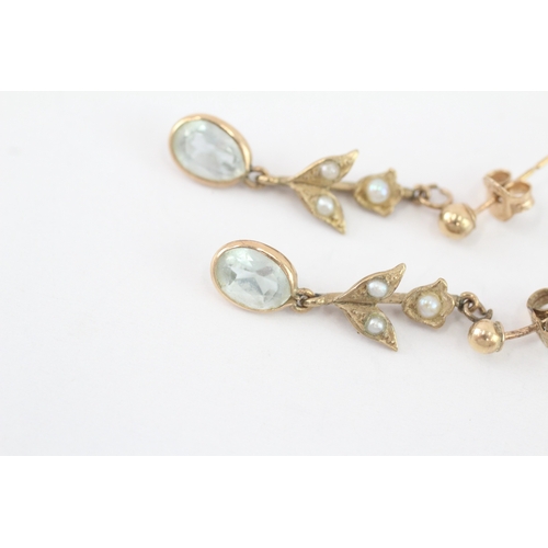 58 - 9ct gold aquamarine & seed pearl drop earrings (1.5g)