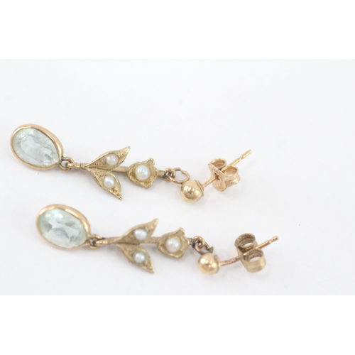 58 - 9ct gold aquamarine & seed pearl drop earrings (1.5g)