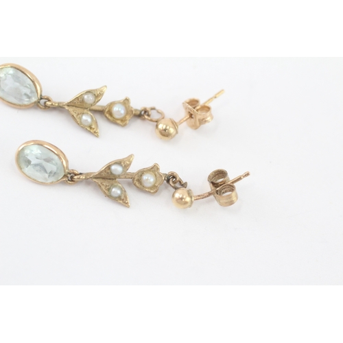 58 - 9ct gold aquamarine & seed pearl drop earrings (1.5g)