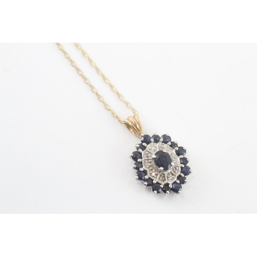 9 - 9ct gold sapphire & diamond cluster pendant necklace (2.9g)