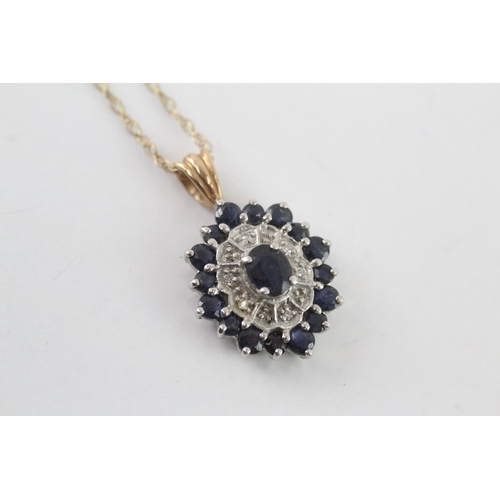 9 - 9ct gold sapphire & diamond cluster pendant necklace (2.9g)