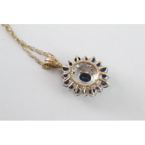 9 - 9ct gold sapphire & diamond cluster pendant necklace (2.9g)