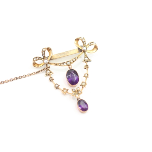 30 - 9ct gold antique amethyst & seed pearl pendant & brooch (as found) (4.8g)
