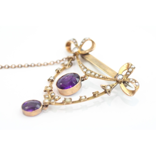 30 - 9ct gold antique amethyst & seed pearl pendant & brooch (as found) (4.8g)
