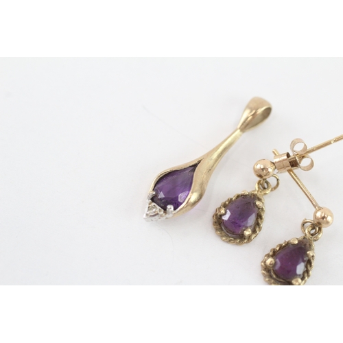 31 - 2x 9ct gold amethyst & diamond pendant & earrings (1.8g)