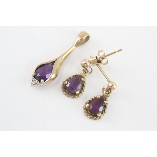 31 - 2x 9ct gold amethyst & diamond pendant & earrings (1.8g)