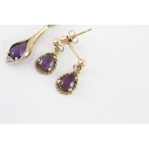 31 - 2x 9ct gold amethyst & diamond pendant & earrings (1.8g)