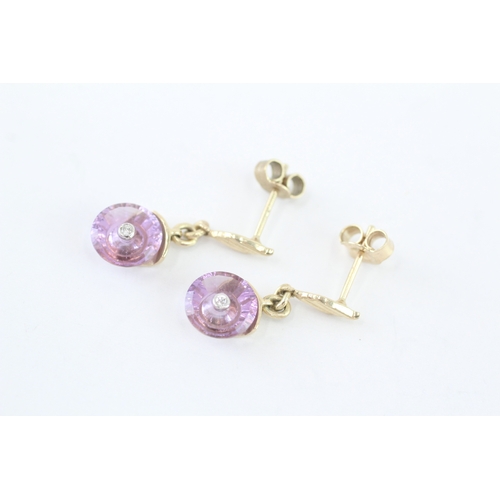 10 - 9ct gold amethyst & diamond drop earrings (2.2g)