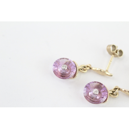 10 - 9ct gold amethyst & diamond drop earrings (2.2g)