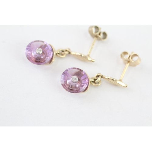 10 - 9ct gold amethyst & diamond drop earrings (2.2g)