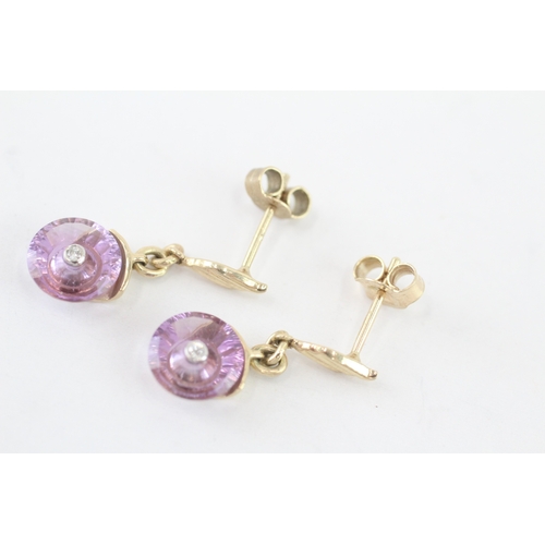 10 - 9ct gold amethyst & diamond drop earrings (2.2g)