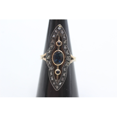 11 - 9ct gold and silver diamond and sapphire marquis ring (5.4g) Size O