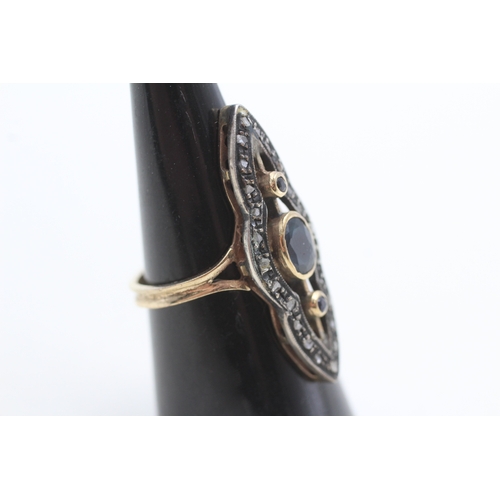 11 - 9ct gold and silver diamond and sapphire marquis ring (5.4g) Size O