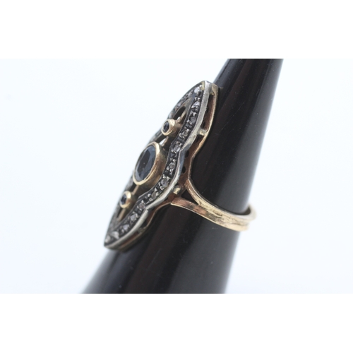 11 - 9ct gold and silver diamond and sapphire marquis ring (5.4g) Size O
