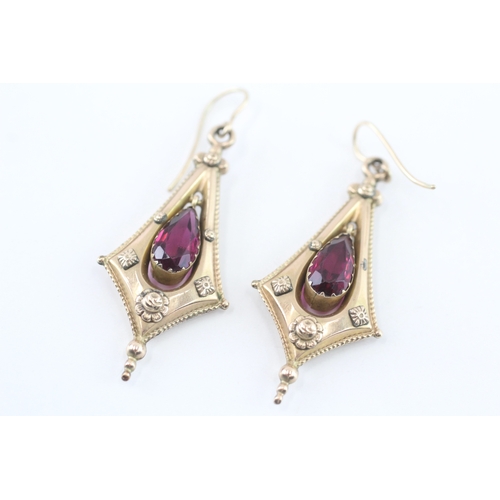 13 - 9ct gold purple paste floral drop earrings (5.3g)