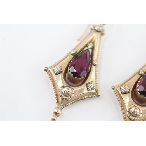 13 - 9ct gold purple paste floral drop earrings (5.3g)