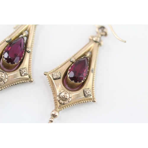13 - 9ct gold purple paste floral drop earrings (5.3g)