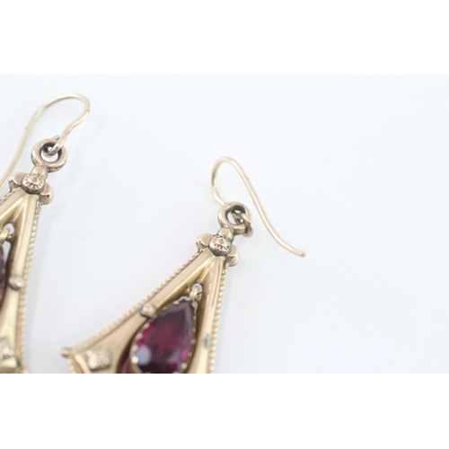 13 - 9ct gold purple paste floral drop earrings (5.3g)