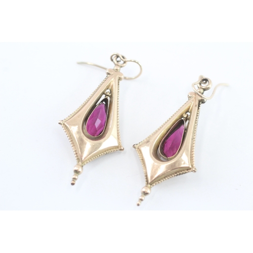 13 - 9ct gold purple paste floral drop earrings (5.3g)