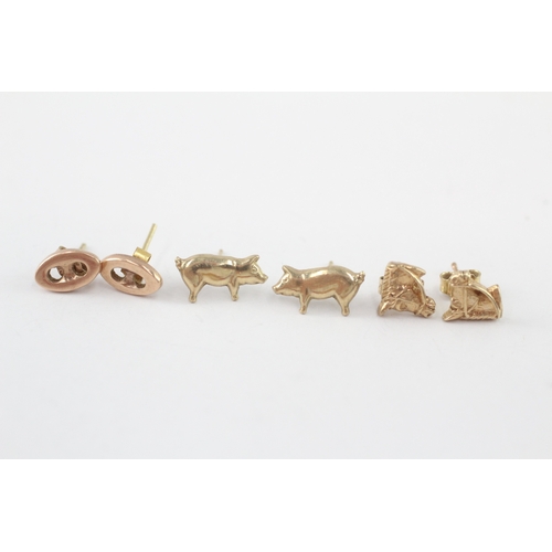 48 - 3x 9ct gold animal & button stud earrings (2.4g)