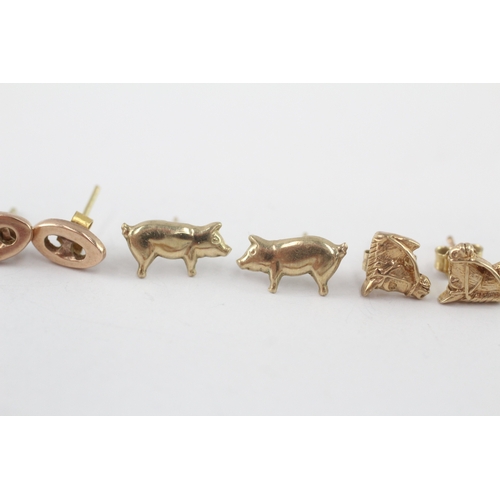 48 - 3x 9ct gold animal & button stud earrings (2.4g)