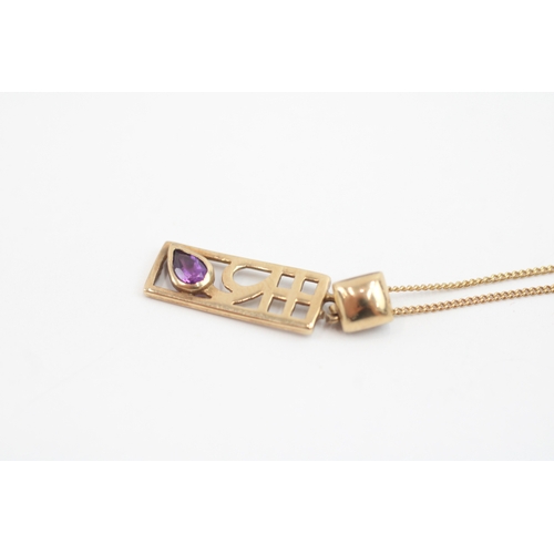 53 - 9ct gold amethyst drop pendant on chain (2.2g)