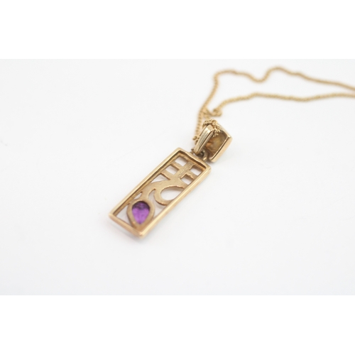 53 - 9ct gold amethyst drop pendant on chain (2.2g)