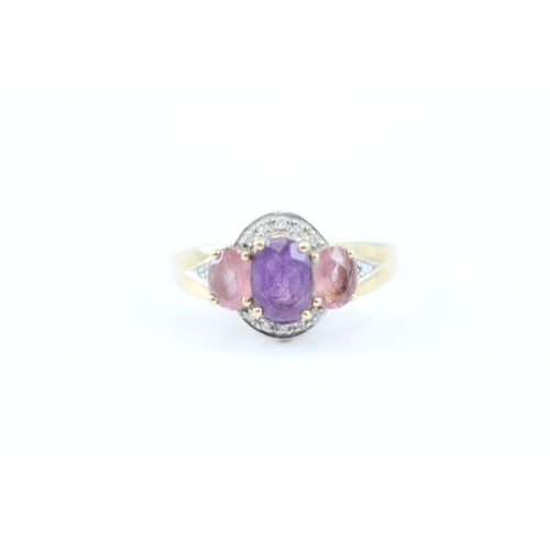 14 - 9ct gold diamond, amethyst & pink tourmaline dress ring (3.7g) Size O
