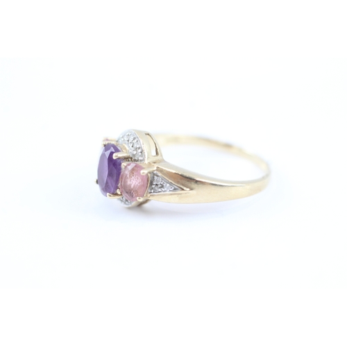 14 - 9ct gold diamond, amethyst & pink tourmaline dress ring (3.7g) Size O